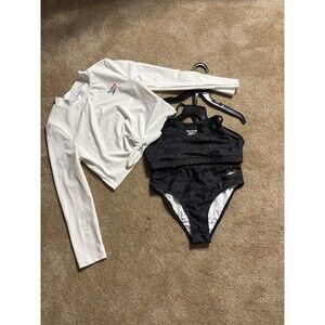 Reebok Ombre 3 Piece Bikini Long Sleeve Top Black White Geometric XL -12 Years